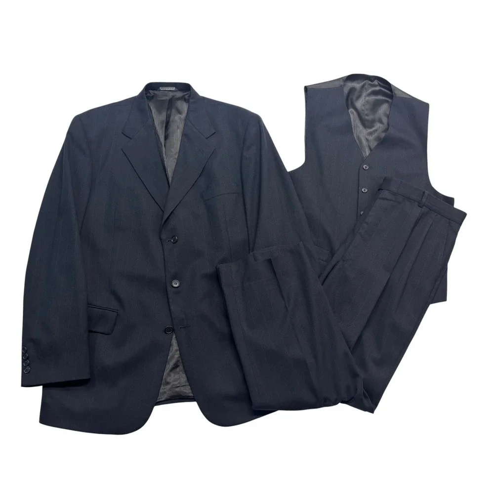 vtg 90s Stafford 42L 36x30 Midnight Blue Striped 3pc Pant Suit Wool Pleated